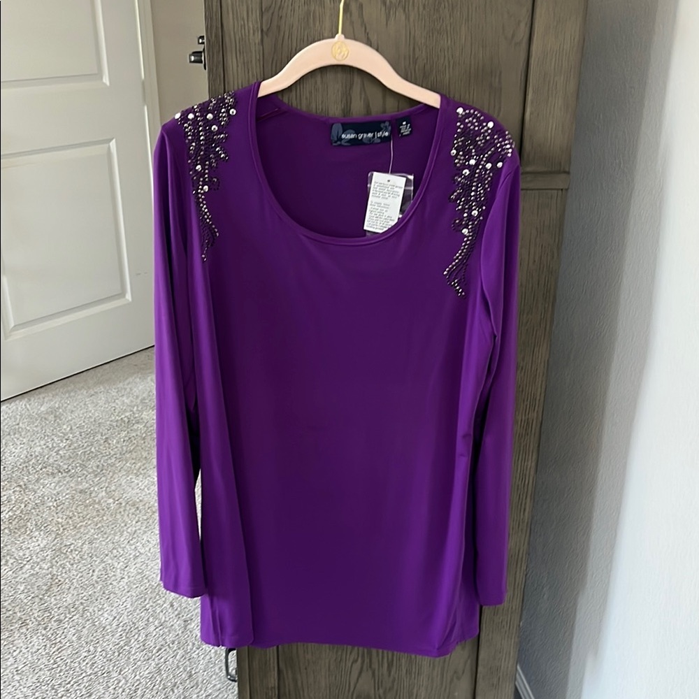 Susan Graver Purple Embellished 3/4 Sleeve Tunic